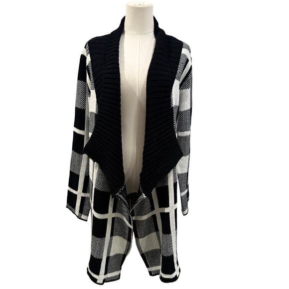Bestow Sweaters - Bestow Black White Plaid Open Front Long Cardigan Sweater Women 3XL Checkered